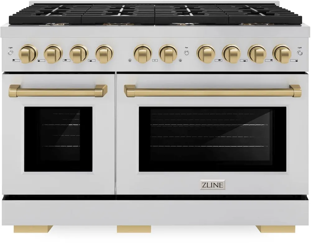 ZLINE Autograph Edition 48 in. 6.7 cu. ft. Paramount Double Oven Dual Fuel Range with 8 Burner Gas Cooktop in Stainless Steel and Champagne Bronze Accents (SDRZ-48-CB)